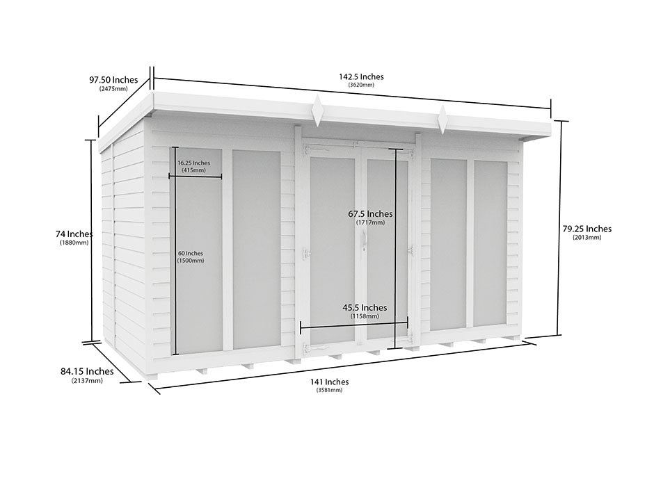 12ft x 7ft Pent Summer House Loglap (Full Height Window)