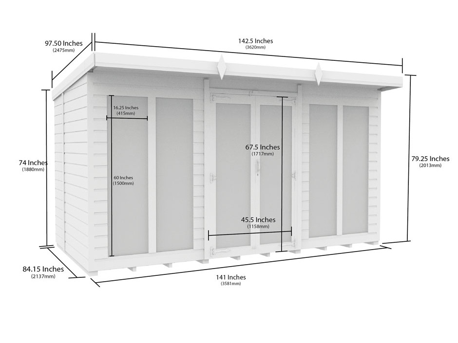 12ft x 7ft Pent Summer House (Full Height Window)