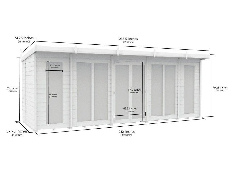 20ft x 5ft Pent Summer House (Full Height Window)